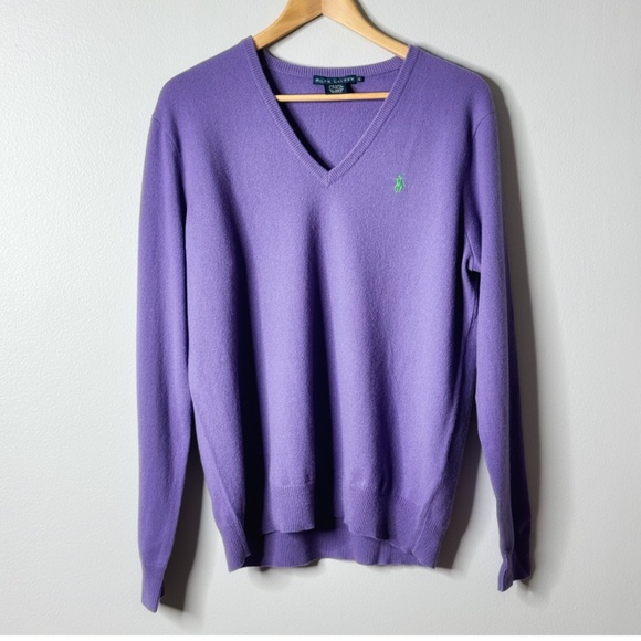 Ralph Lauren Cashmere Sweater V- Neck Purple Banded Bottom Size Large - Picture 2 of 14